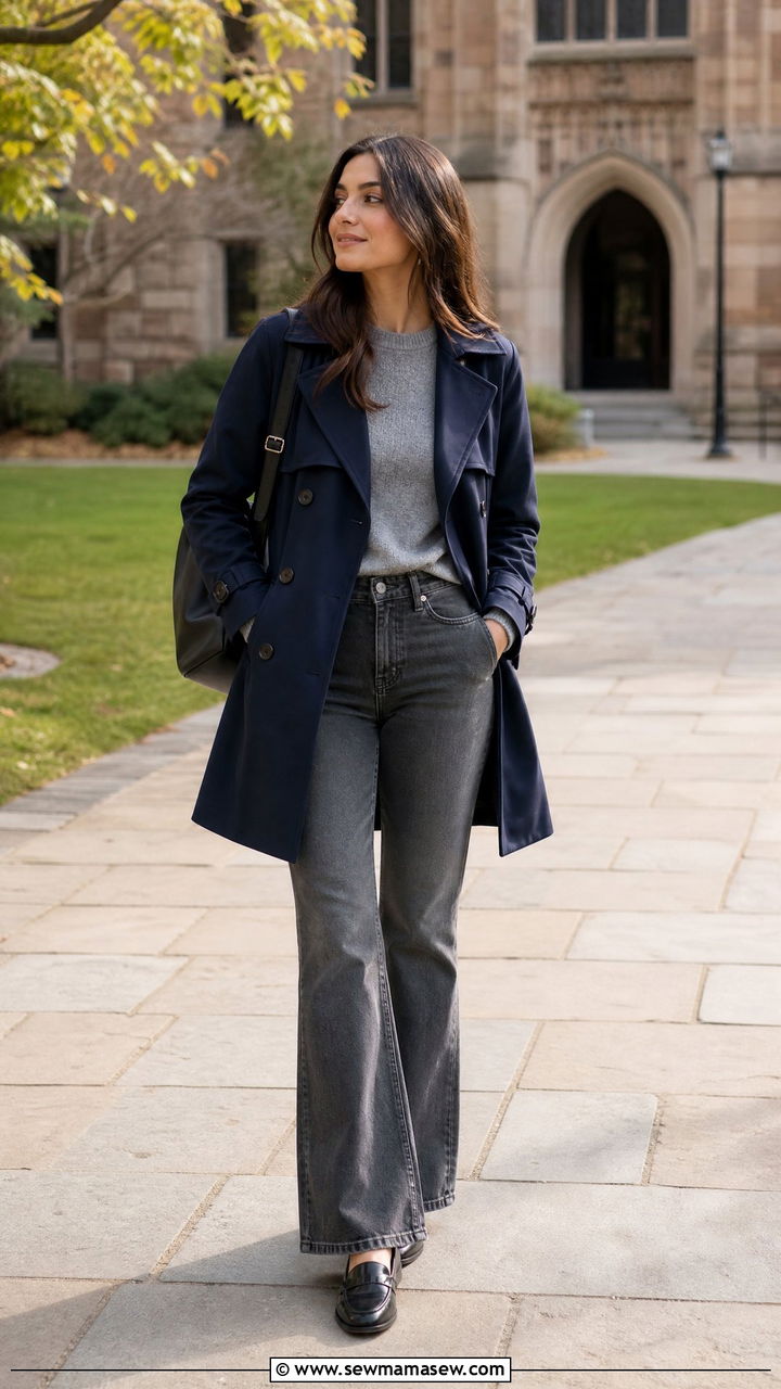 Navy trench coat with gray flare jeans and leather loafers - 30 Flare jeans outfit ideas with a trench coat