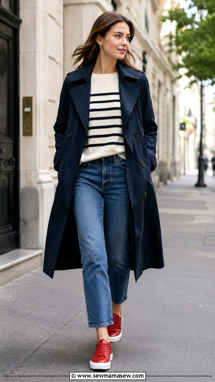 Navy trench coat with red sneakers and a striped sweater - 30 Long trench coat outfit ideas with sneakers