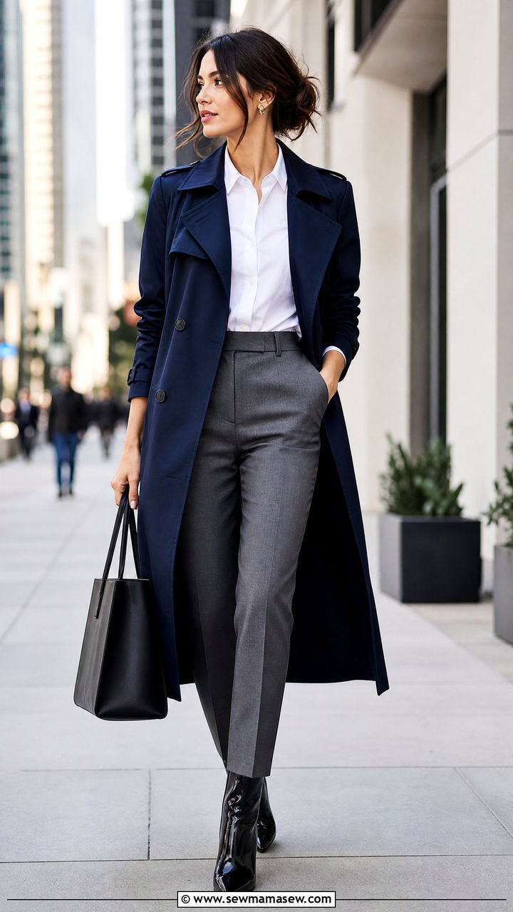 Navy trench coat with tailored pants - 25 spring rainy day outfit ideas