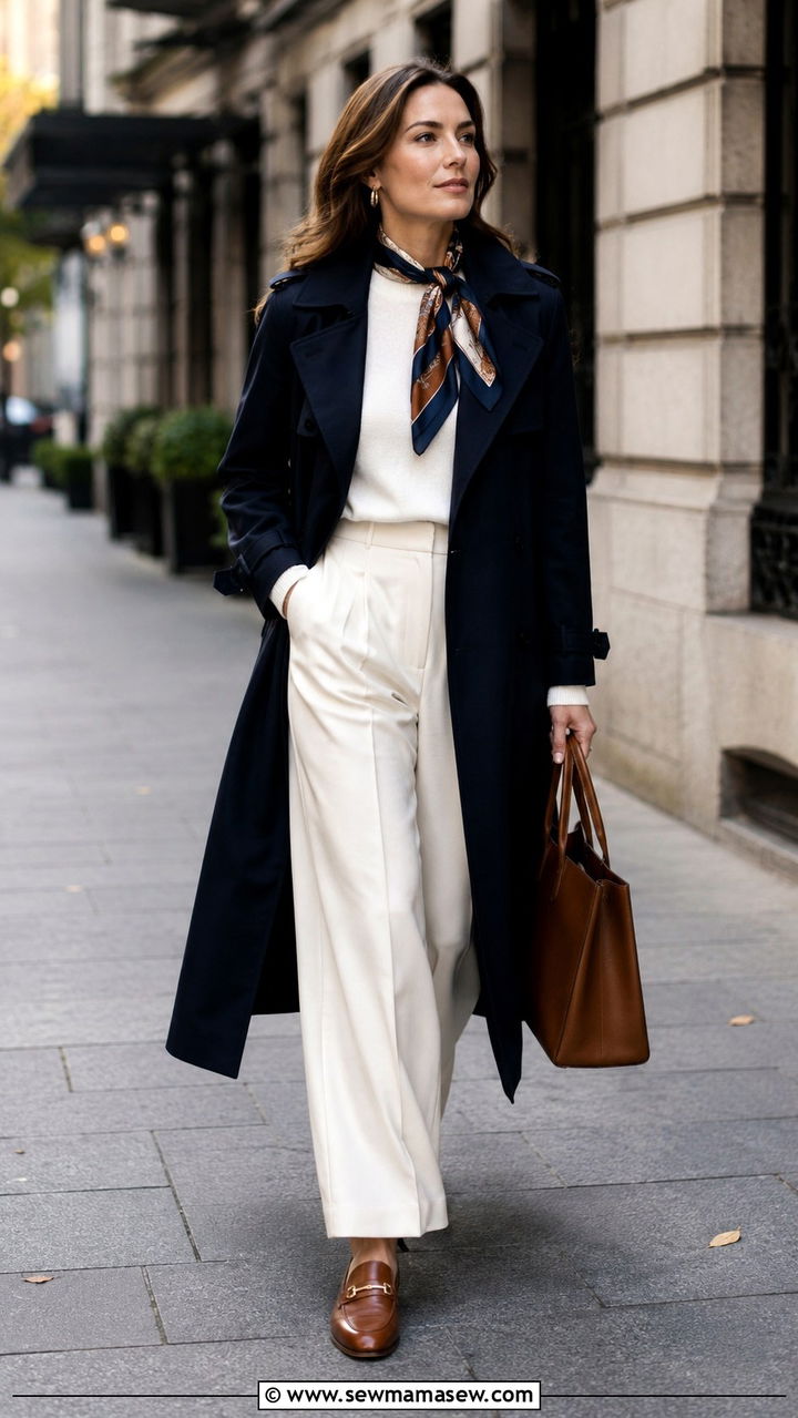 Navy trench coat with wide leg trousers - 25 Wide leg pants outfit ideas with a trench coat