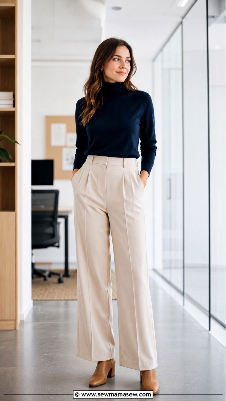 Navy turtleneck with beige trousers outfit - 30 scandinavian capsule wardrobe outfits