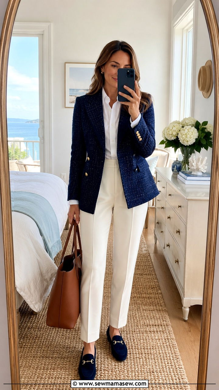 Navy tweed blazer outfit for a wedding - 30 Tweed blazer outfit ideas for a wedding