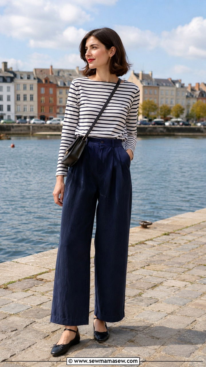 Navy wide leg pants with striped top and ballet flats - 30 spring wide leg pants outfit ideas