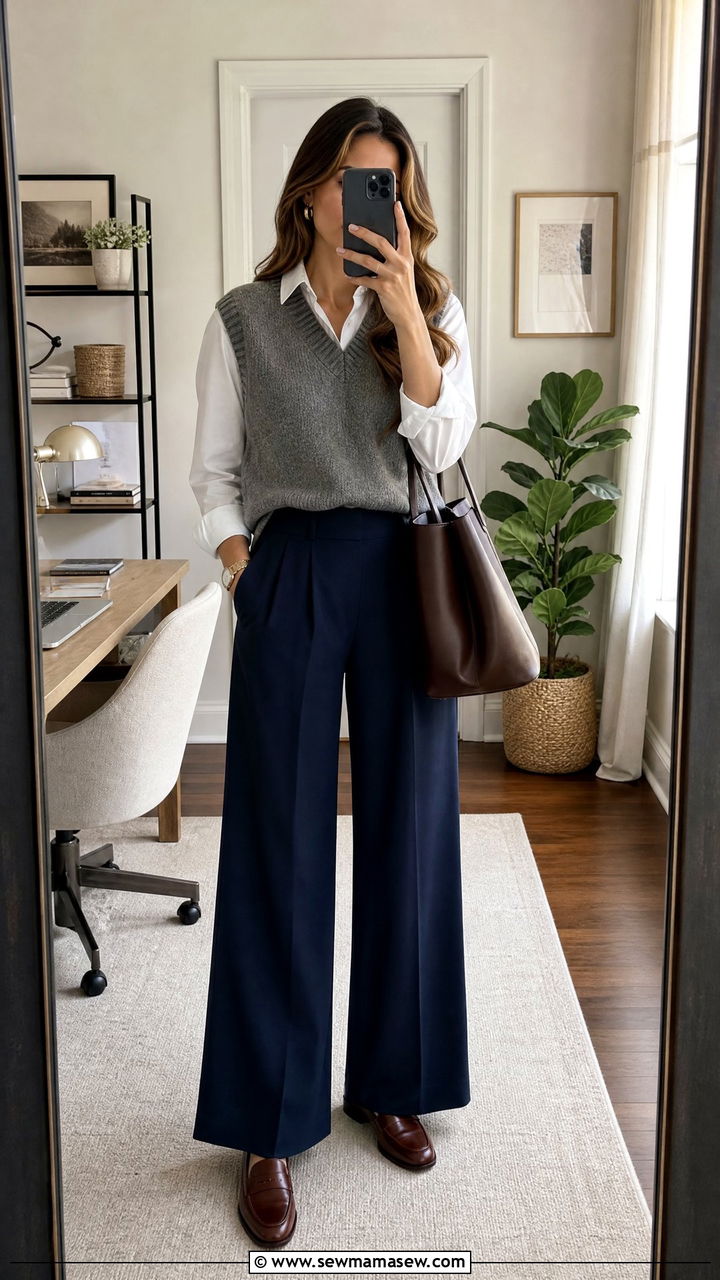 Navy wide leg pants work outfit - 25 Business casual outfits with wide leg pants