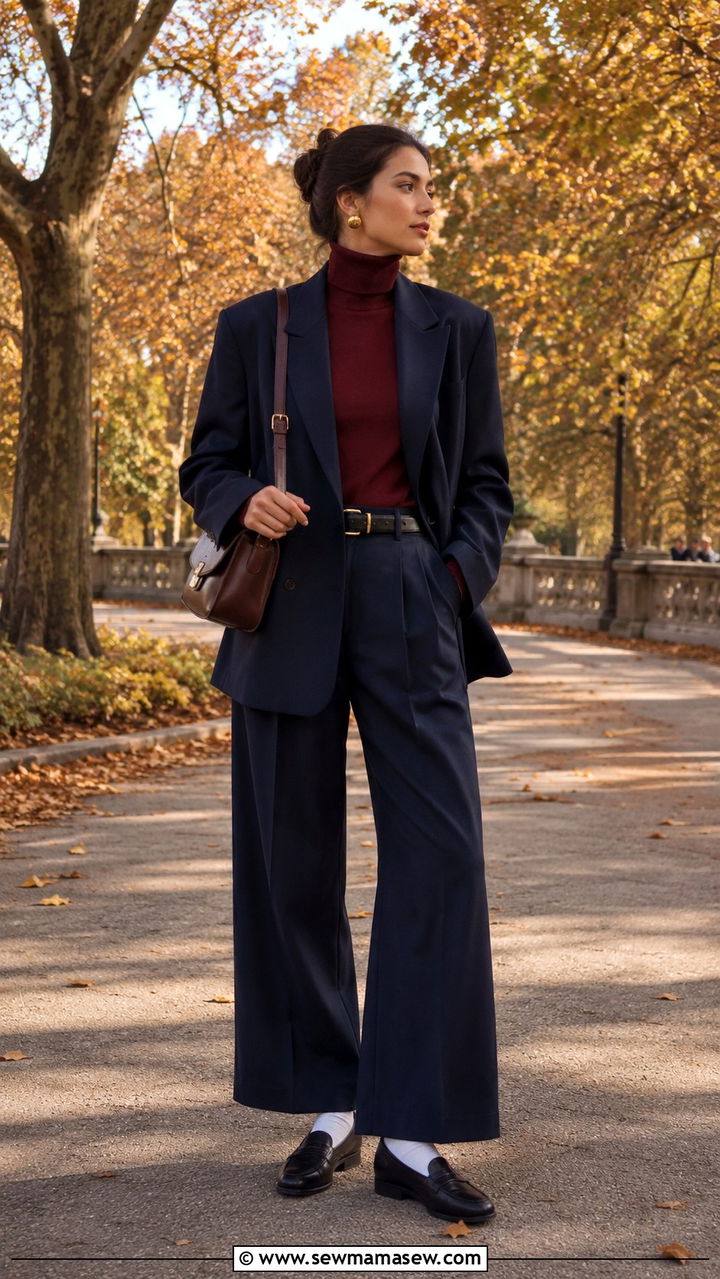 Navy wool baggy suit with burgundy turtleneck - 20 cute glamoratti outfits