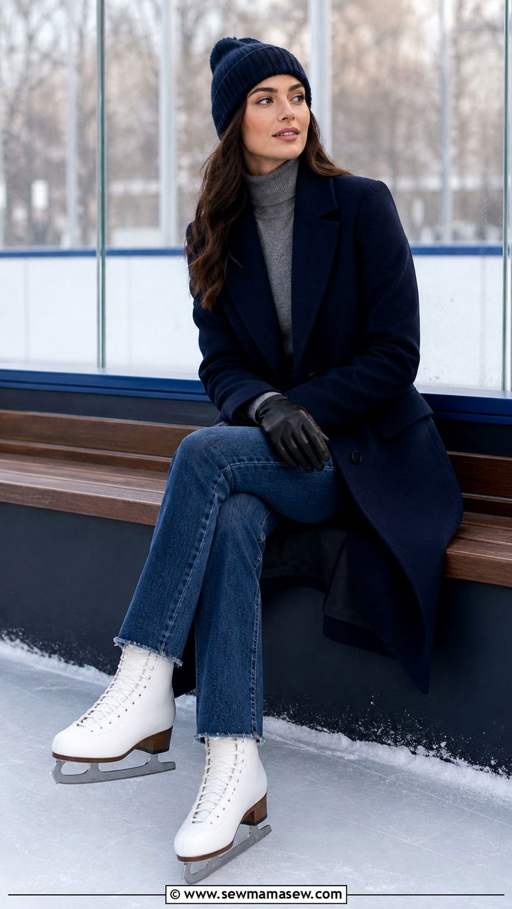 Navy wool coat gray turtleneck and jeans ice skating outfit - 40 Ice skating outfit ideas