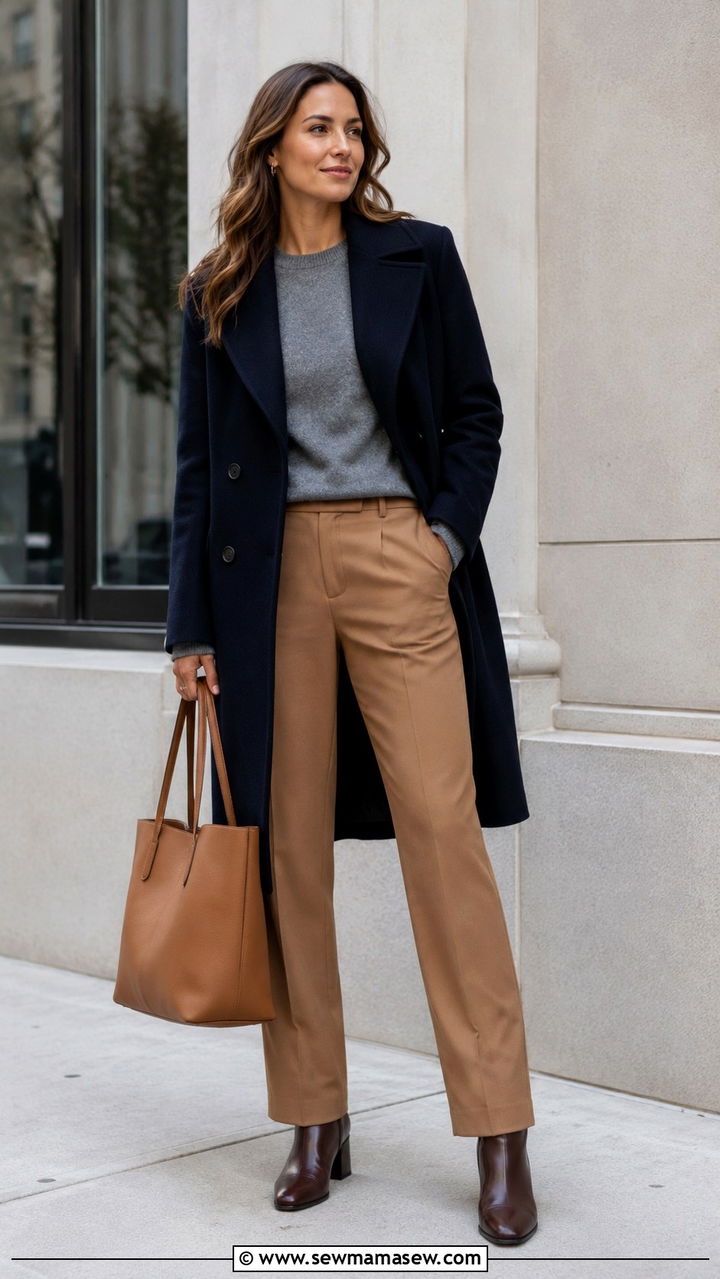 Navy wool coat over grey sweater and camel trousers - 30 quiet luxury capsule wardrobe outfits