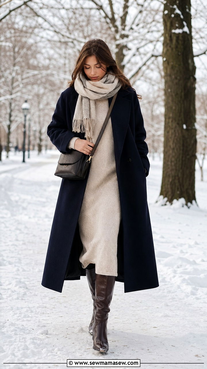 Navy wool coat with midi dress and leather boots - 25 Scandinavian cozy outfit ideas