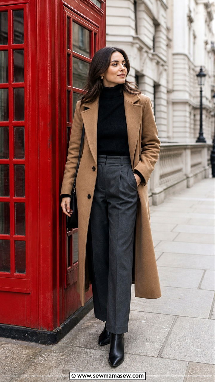 Navy wool coat with tailored trousers and heeled loafers - 40 London outfit ideas
