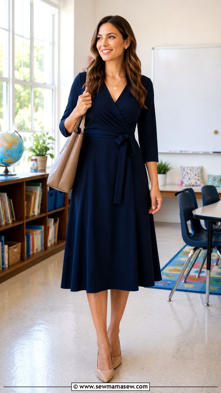 Navy wrap dress with low pumps outfit - 30 Interview outfit ideas for teachers