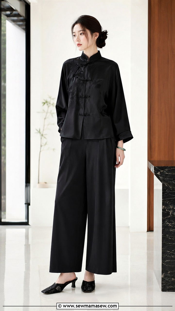 Neo Chinese Style Knot Detail Jacket With Wide Leg Trousers - 25 aesthetic outfits 2026