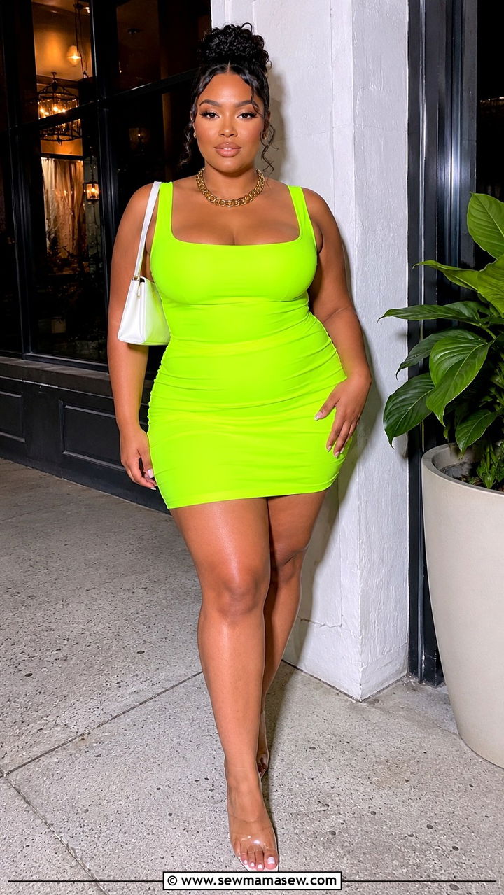 Neon Bodycon Dress with Clear Heels - 30 spring plus size outfit ideas