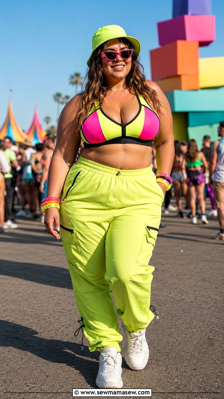 Neon Color Block Sports Bra With Relaxed Cargo Joggers And Dad Sneakers - 30 Plus size outfit ideas for festival