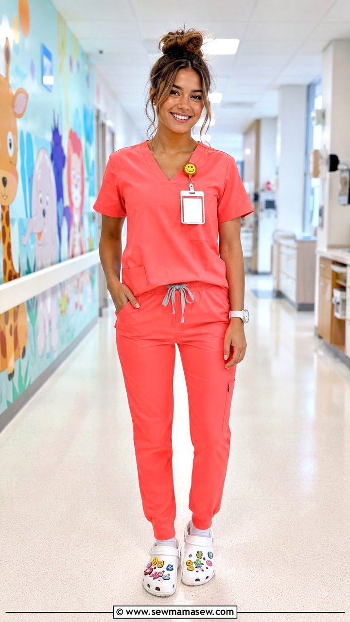 Neon Coral Scrub Set With Crocs And Fun Badge Reel - 25 Pediatric nurse outfit ideas