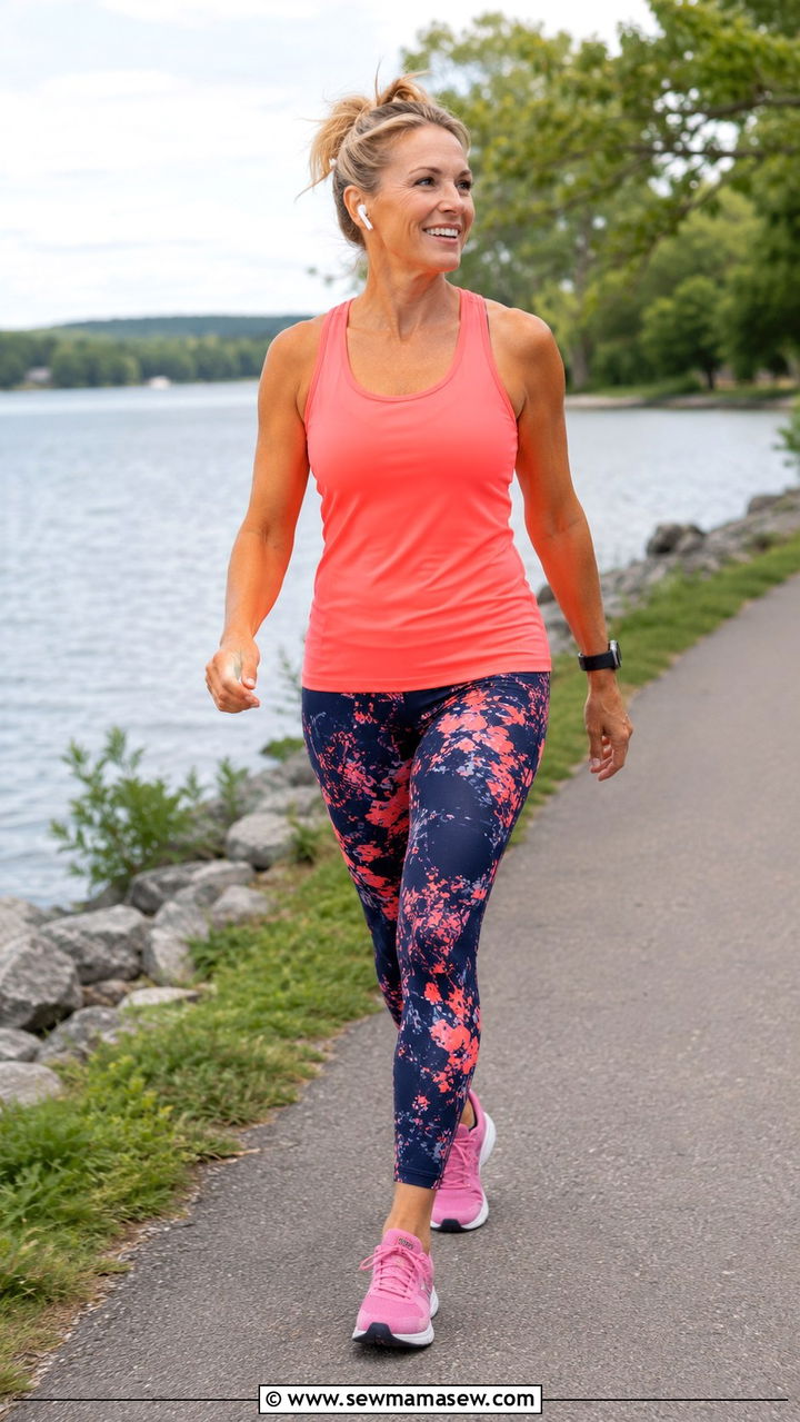 Neon Coral Tank With Graphic Print Leggings Outfit - 30 Outfit ideas for women over 40 athleisure