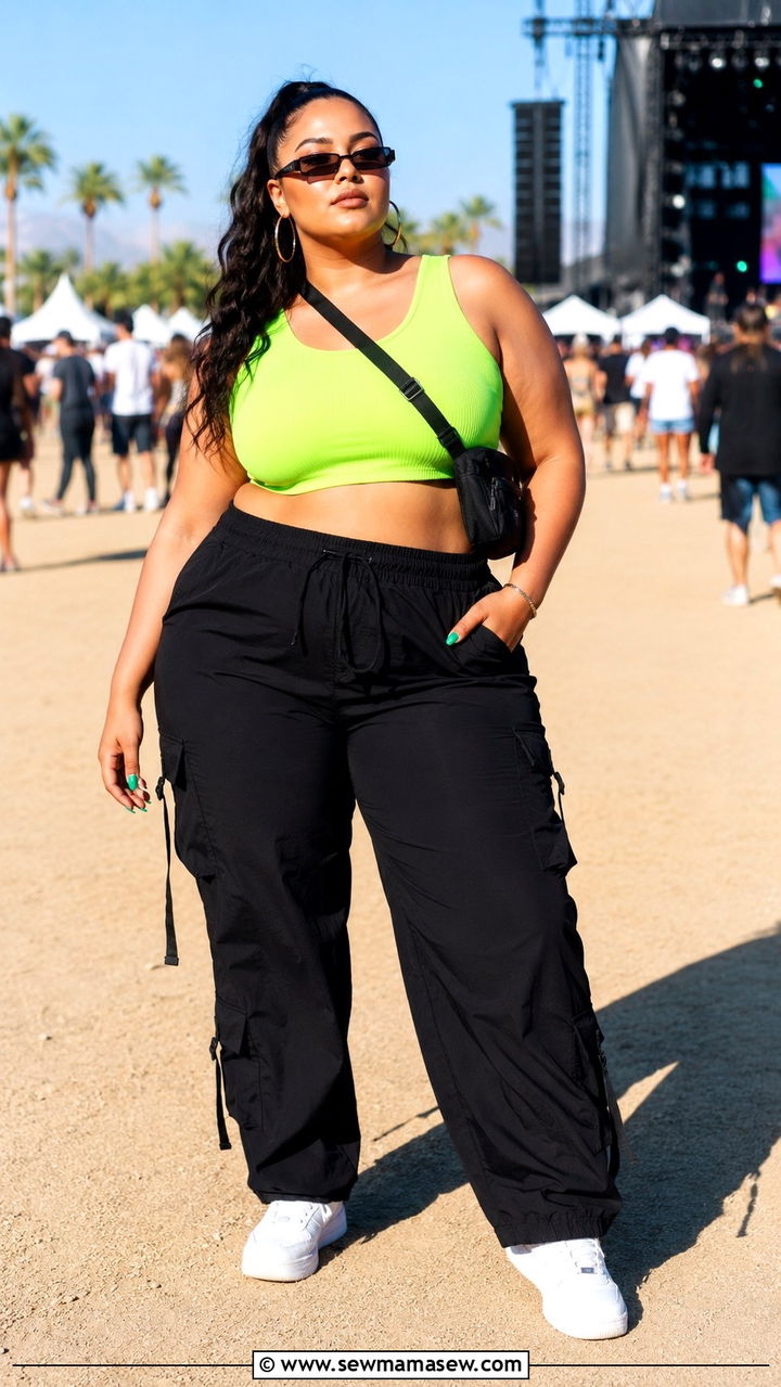 Neon Crop Top With Black Cargo Pants And White Sneakers - 30 Plus size concert outfit ideas
