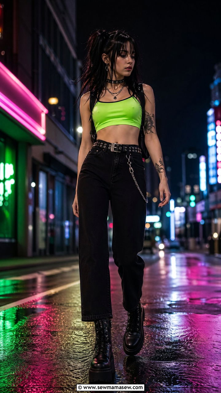 Neon Crop Top with Black Jeans - 35 E-girl outfit ideas