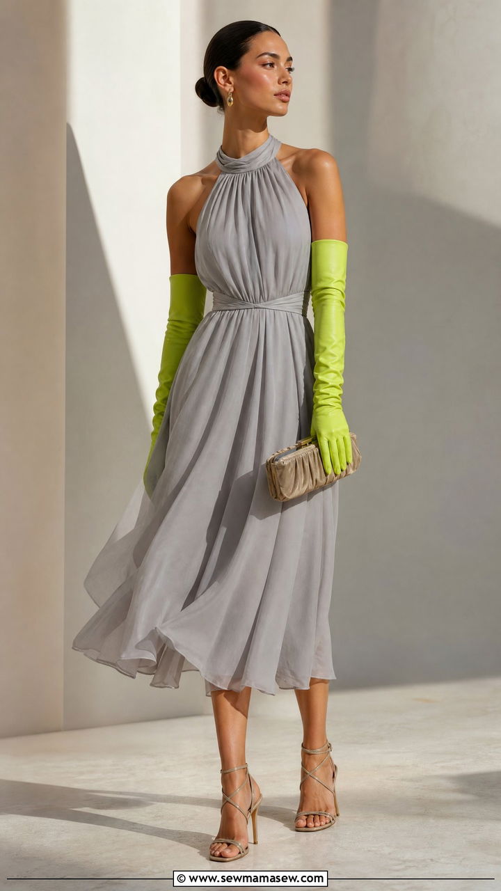 Neon Gloves and Floaty Midi Dress Outfit - 30 Fashion show outfit ideas