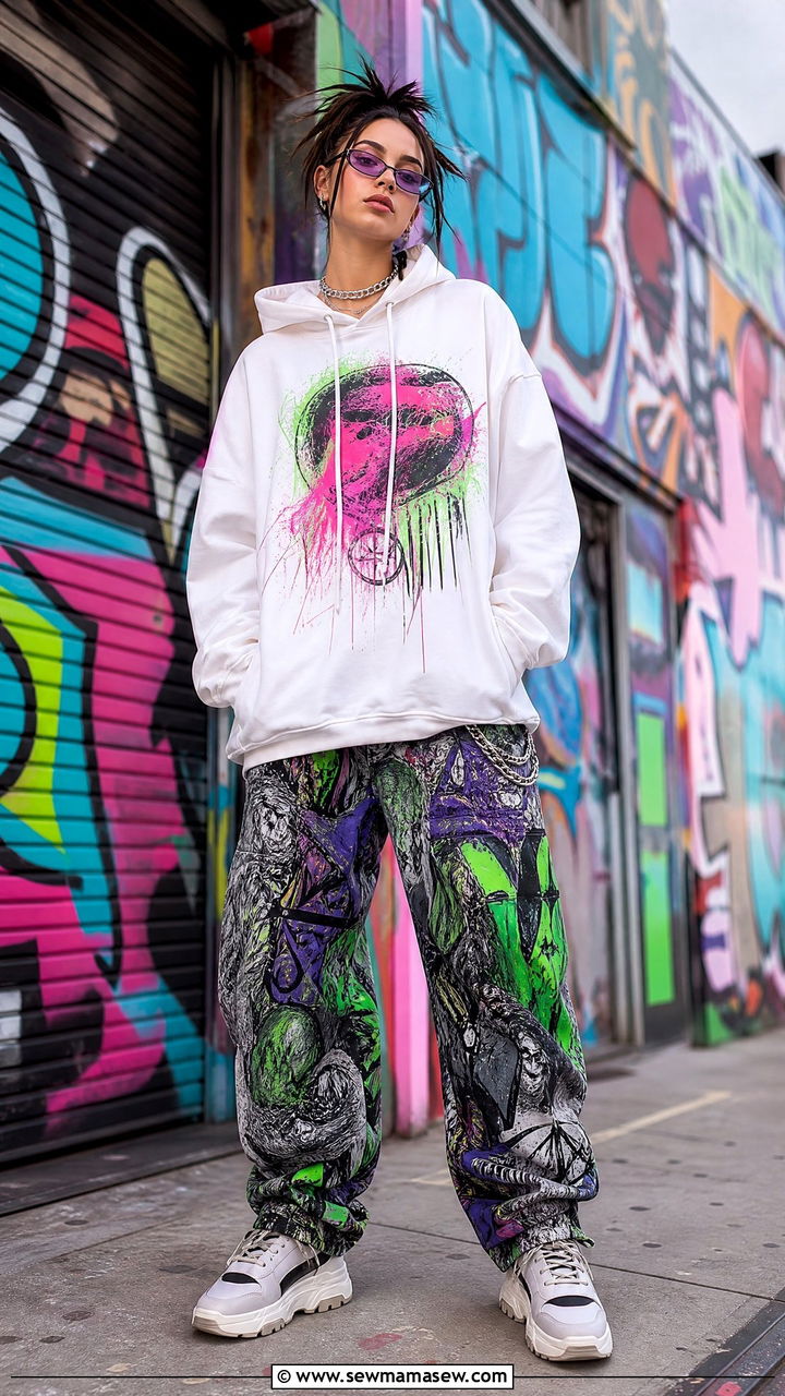 Neon Graffiti Hoodie With Patterned Pants - 35 Billie Eilish concert outfit ideas