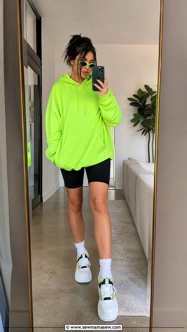 Neon Green Oversized Hoodie With Biker Shorts - 35 Billie Eilish concert outfit ideas