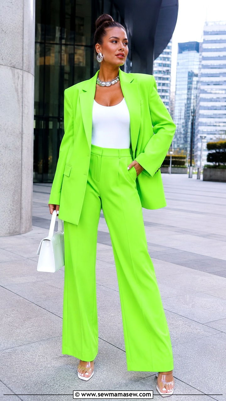 Neon Green Suit With Neutral Bodysuit And Clear Heels - 30 maximalist outfits ideas
