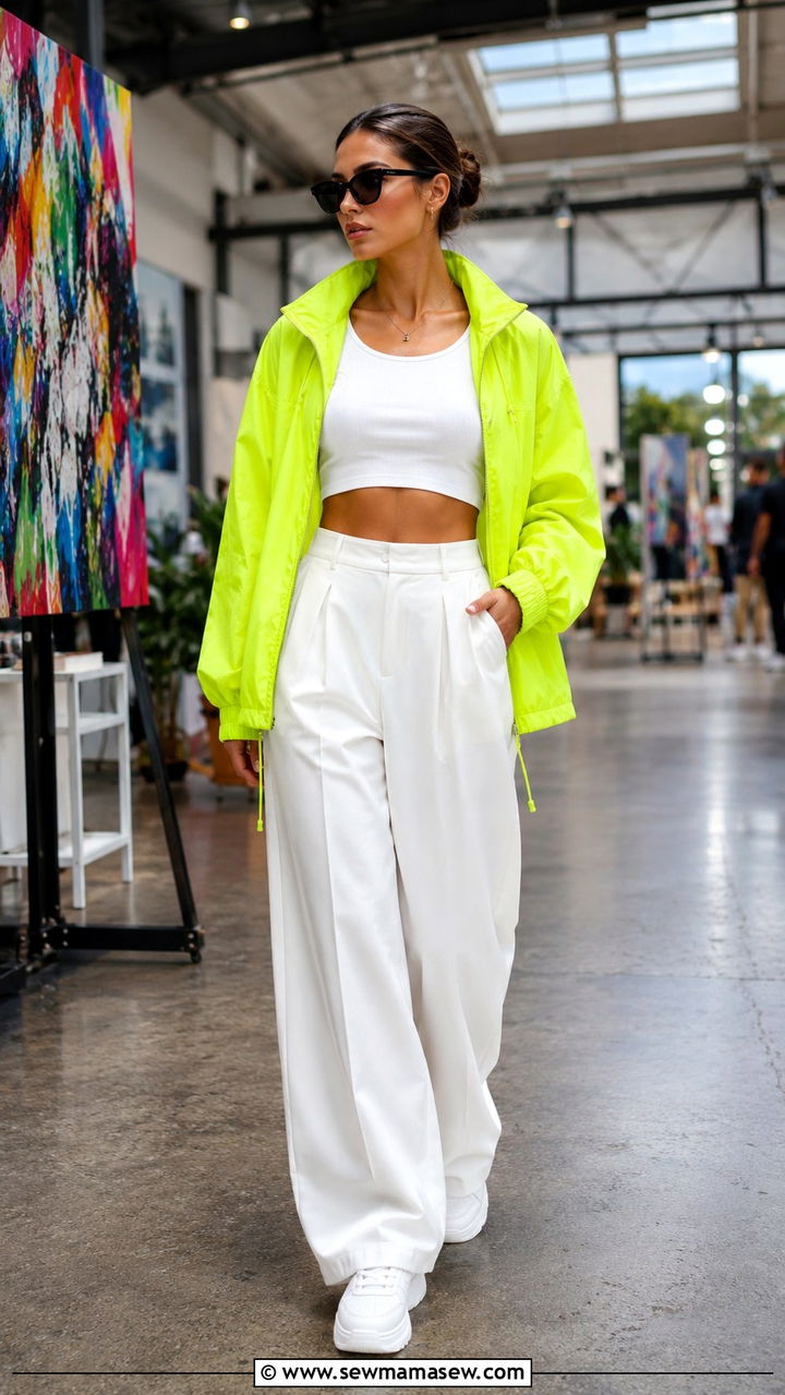 Neon Lime Windbreaker With White Crop Top and Wide Leg Trousers - 30 cute windbreaker outfits