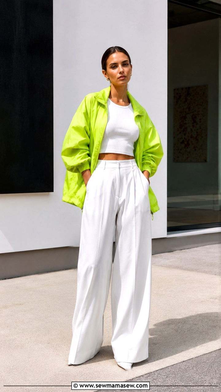 Neon Lime Windbreaker With White Wide Leg Trousers Outfit - 25 windbreaker outfits aesthetic