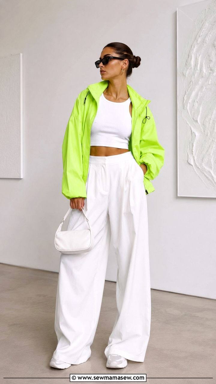 Neon Lime Windbreaker With White Wide Leg Trousers - 25 windbreaker outfits 2026