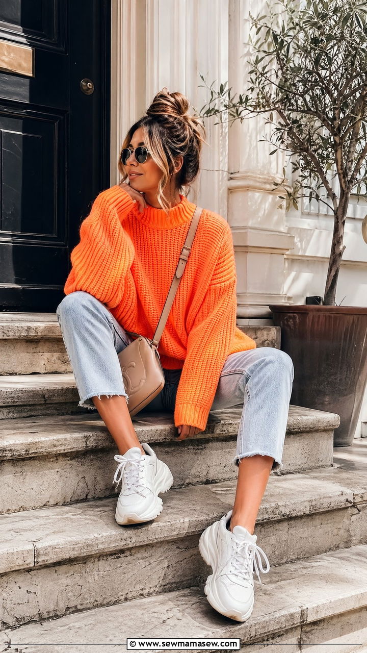 Neon Orange Knit and Cropped Jeans Outfit - 35 Dopamine dressing outfit ideas