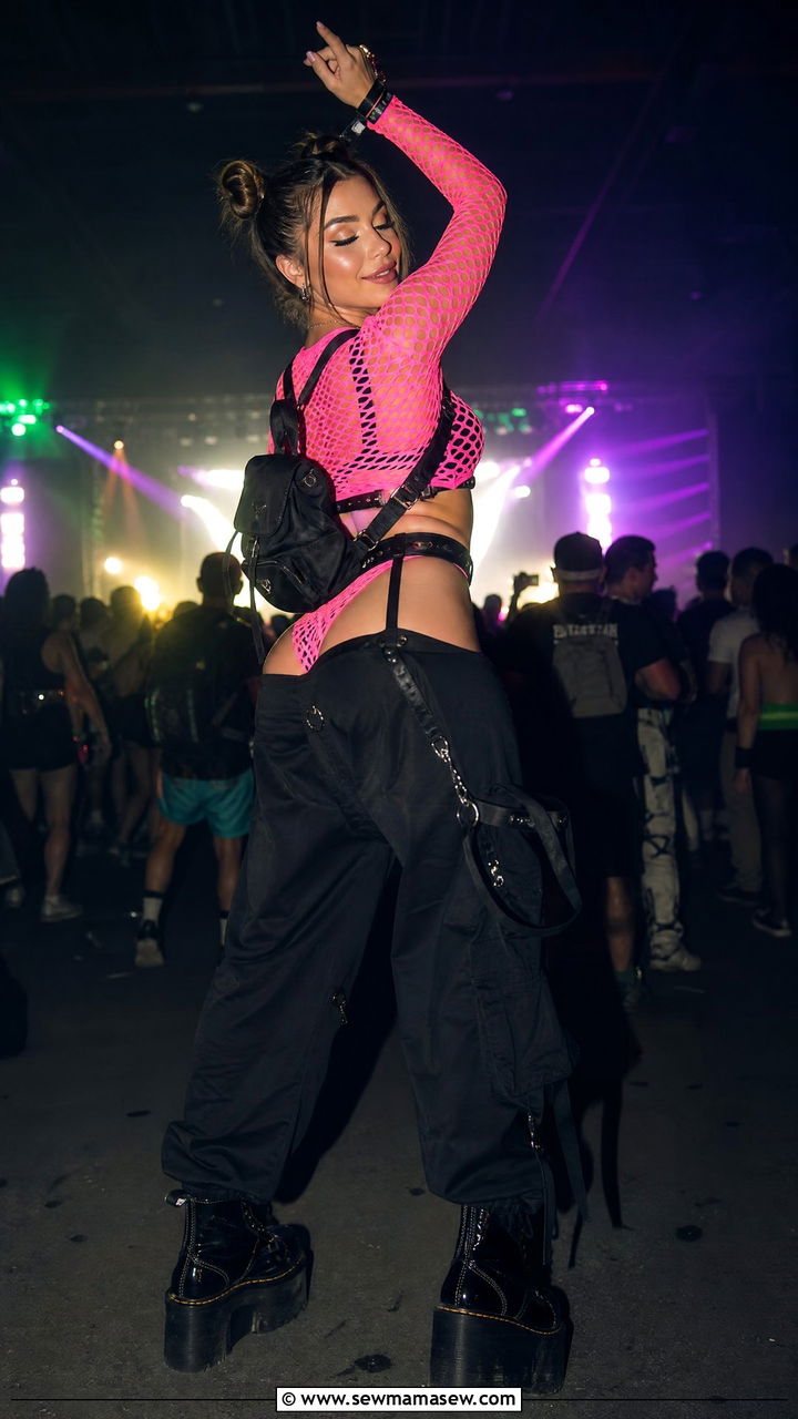 Neon Pink Bodysuit With Black Cargo Pants - 30 festival outfits Pinterest