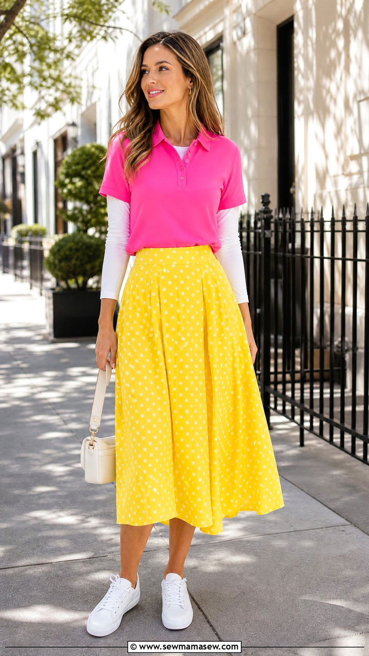 Neon Pink Polo and Yellow Polka Dot Midi Skirt With White Sneakers - 35 Gigi Hadid summer outfit ideas
