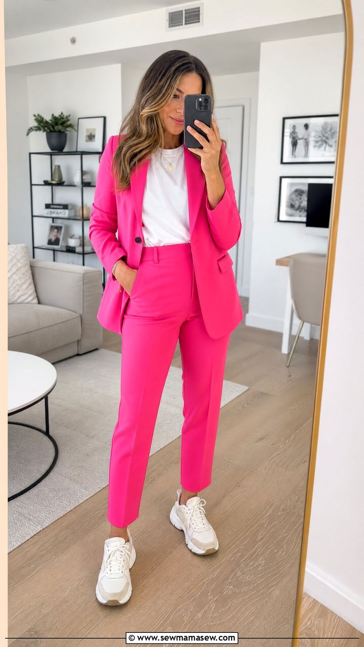 Neon Power Suit With White Tee And Chunky Sneakers Outfit - 40 Work from home outfits