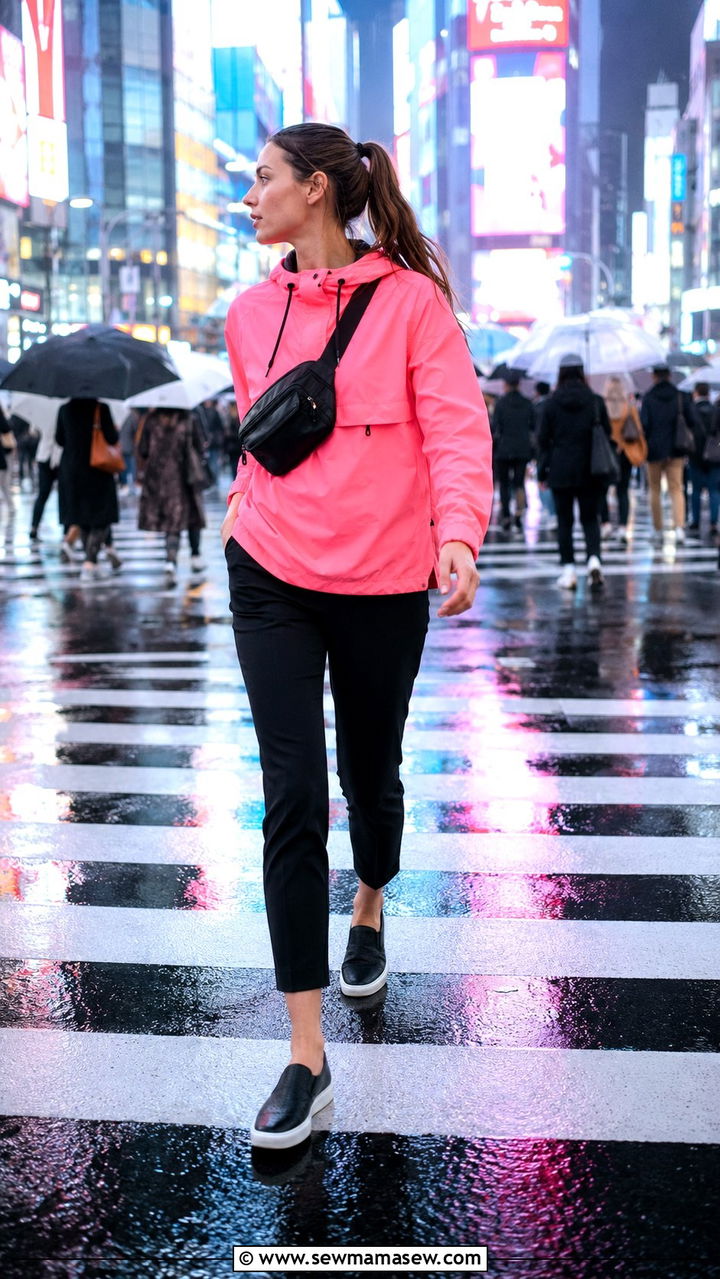 Neon Rain Jacket With Black Cigarette Pants And Slip On Rain Sneakers - 30 Rainy day travel outfit ideas