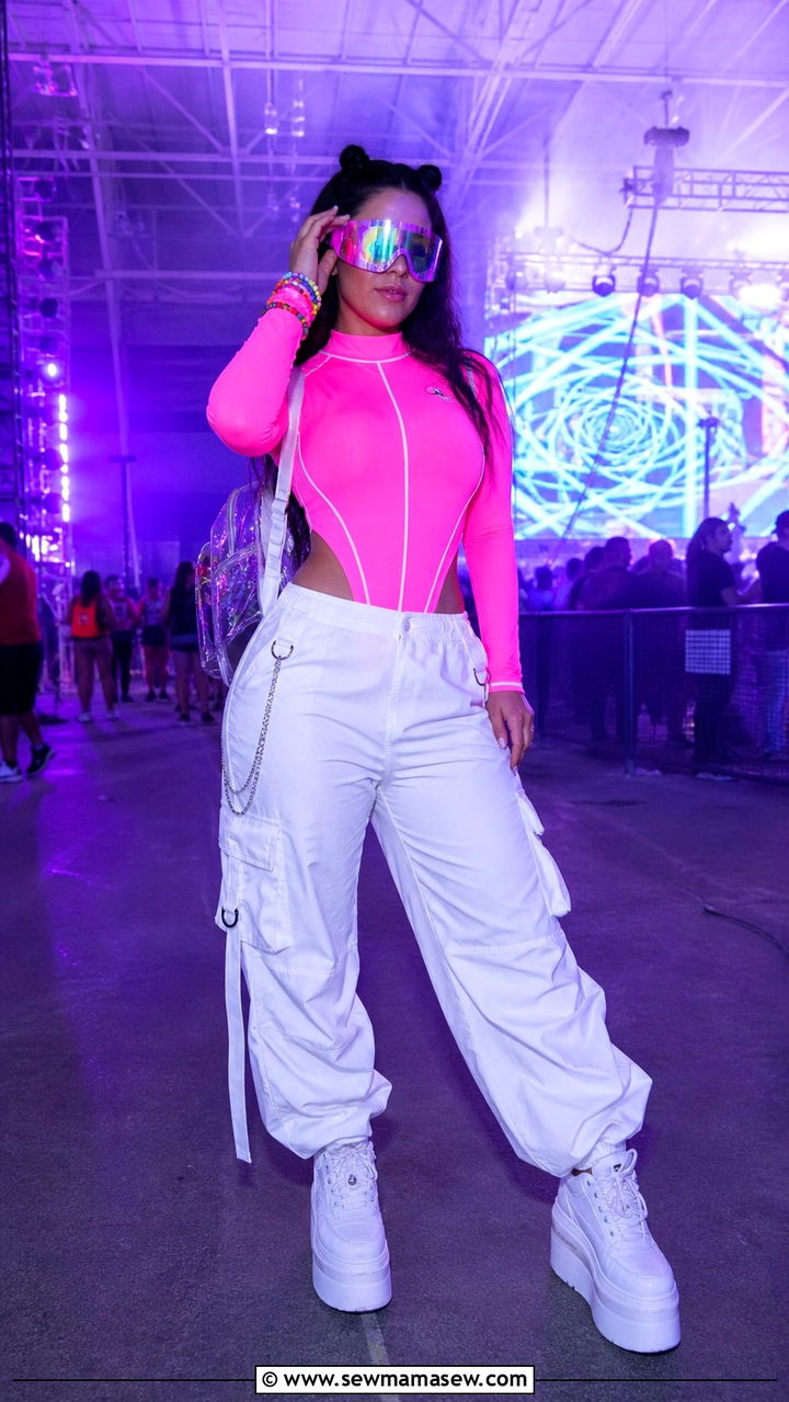 Neon Rave Bodysuit with Cargo Pants - 40 festival outfits for women