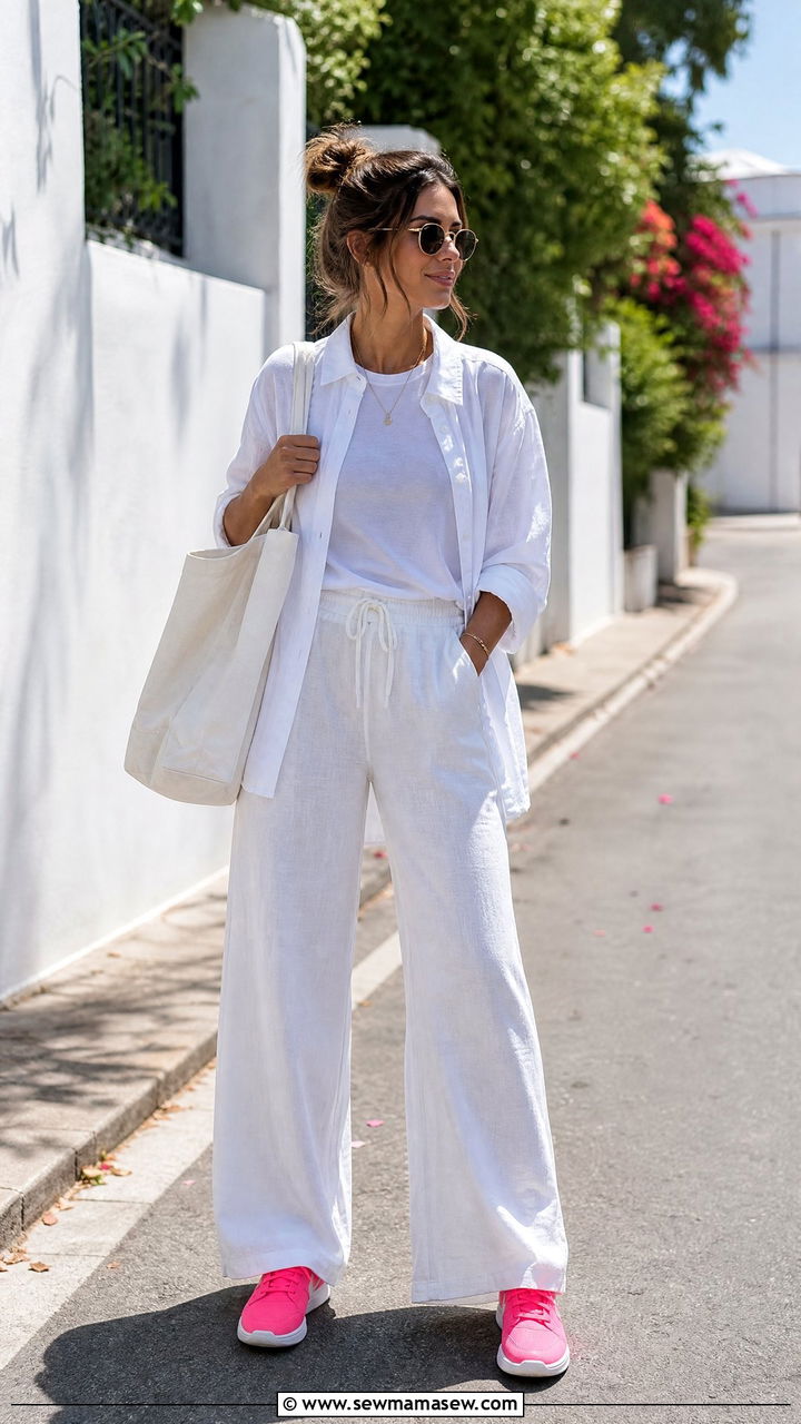 Neon Sneakers with All White Summer Outfit - 30 summer sneaker outfit ideas