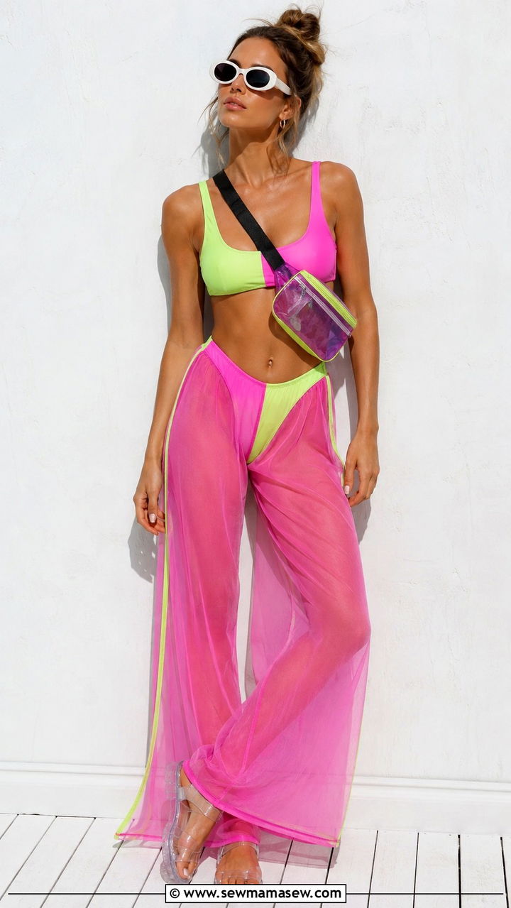 Neon color block bikini with sheer high waist cover up pants - 25 Retro swimsuit outfit ideas