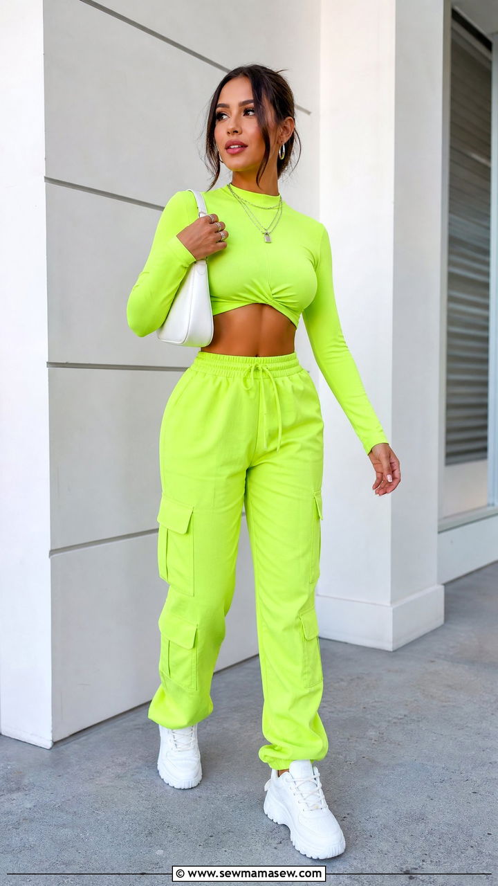 Neon green long sleeve crop top and matching cargo pants - 25 Matching set outfit ideas bold color