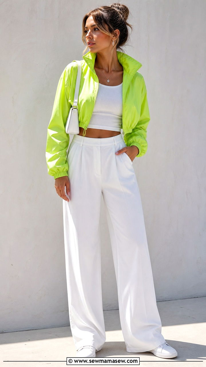 Neon lime windbreaker with white wide leg pants outfit - 40 windbreaker outfits
