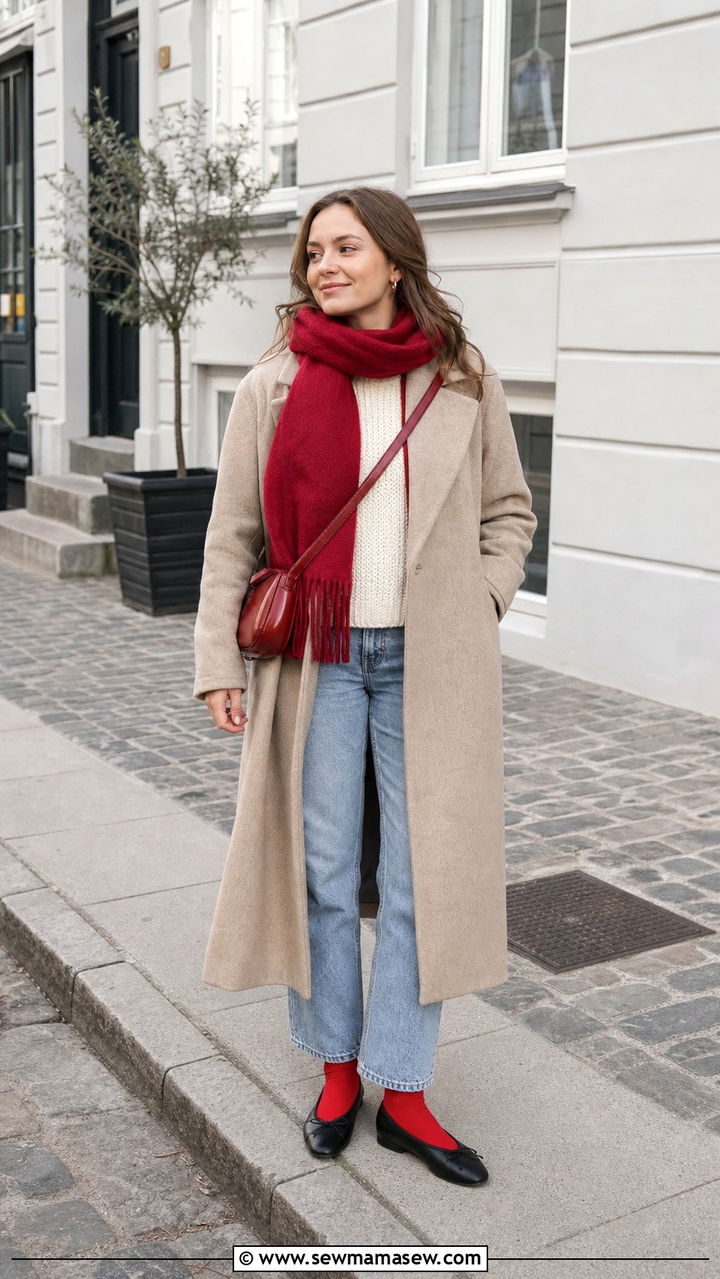 Neutral Base Layered with Bright Red Socks Scarf and Bag - 25 Copenhagen outfits 2026