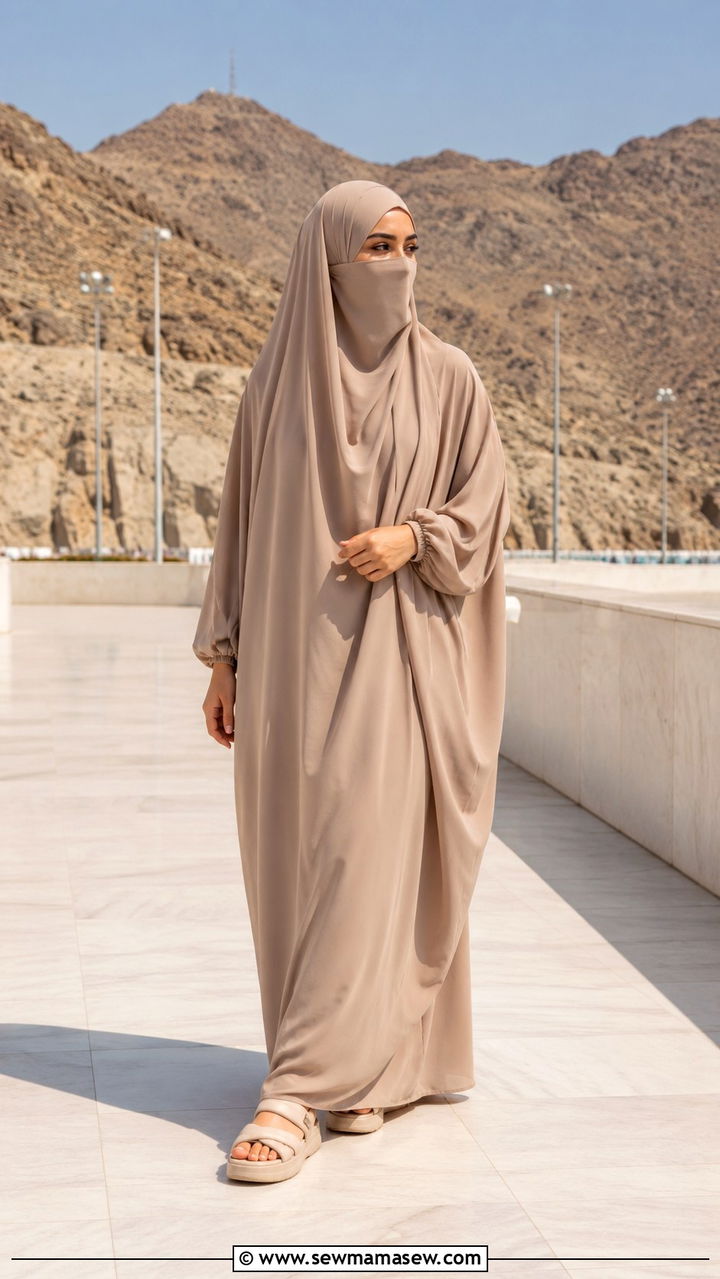 Neutral Beige Jilbab With Full Coverage Underscarf - 20 Modest outfit ideas for Hajj