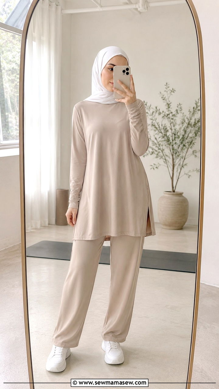 Neutral Beige Yoga Outfit With White Sneakers - 25 Modest yoga outfit ideas with hijab