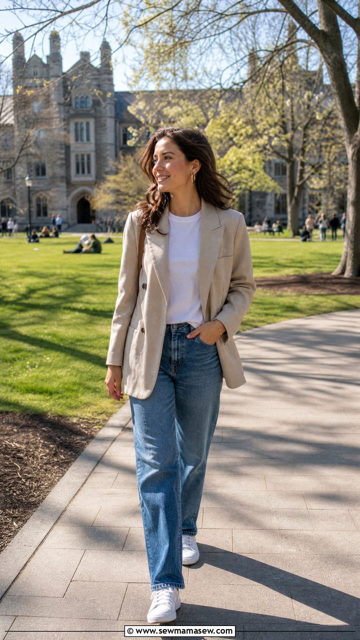 Neutral Blazer White Tee and Straight Leg Jeans - 25 Graduation photo outfit ideas
