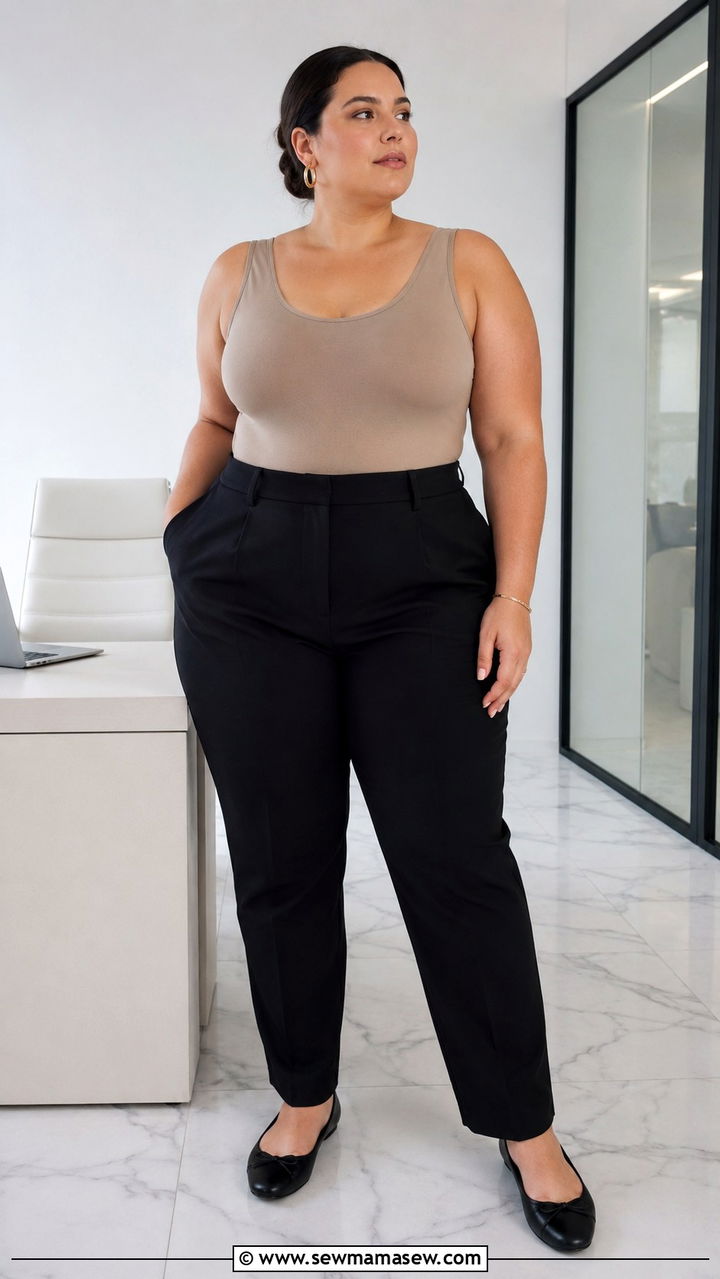 Neutral Bodysuit and Tailored Black Trousers With Ballet Flats - 25 Plus size outfit ideas clean girl