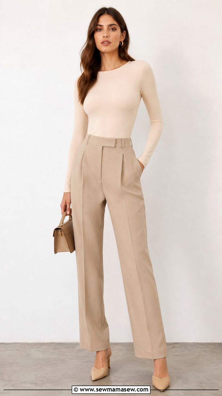 Neutral Bodysuit with Tailored Pants - 40 Clean girl outfit ideas