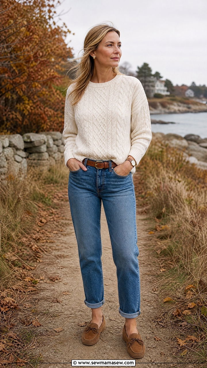 Neutral Cable Knit Sweater with Straight Jeans - 25 classy coastal grandmother outfit ideas