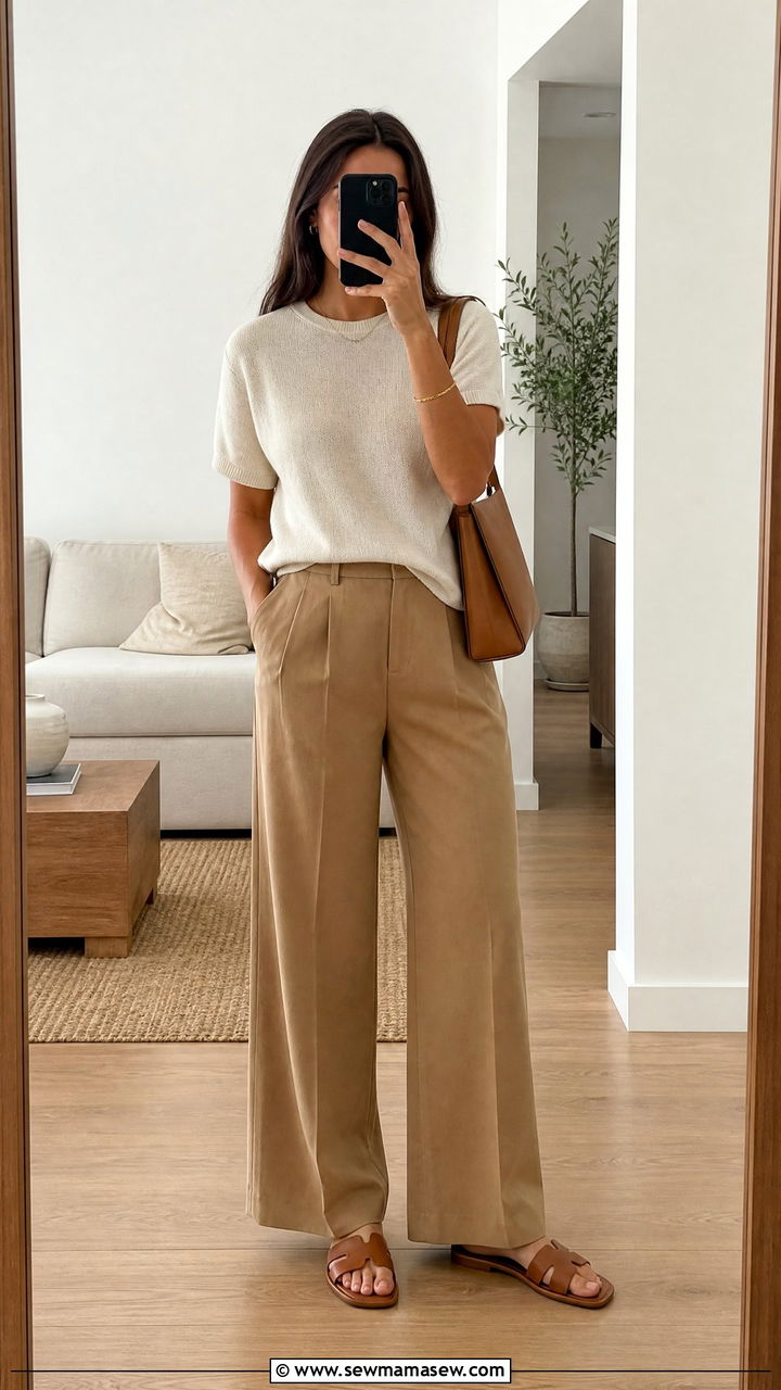 Neutral Capsule Outfit with Leather Flat Sandals - 20 spring outfits with flat sandals