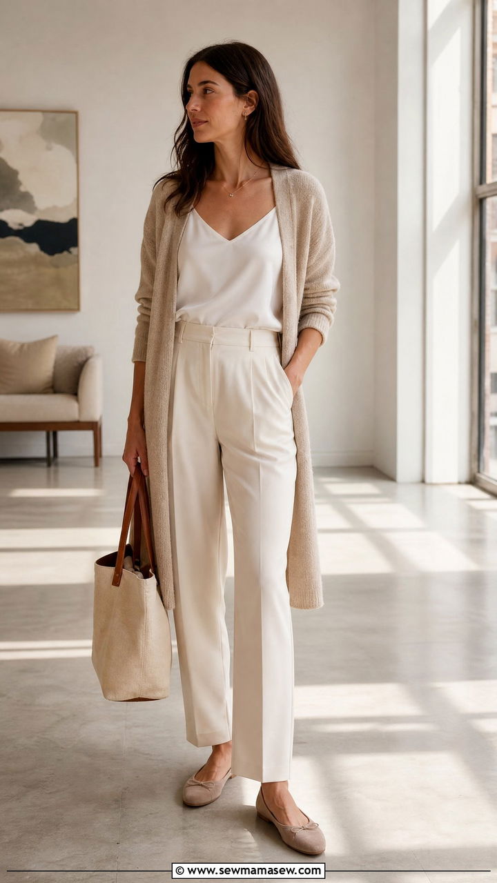 Neutral Cardigan Outfit Over Ivory Trousers - 25 Interior designer outfit ideas
