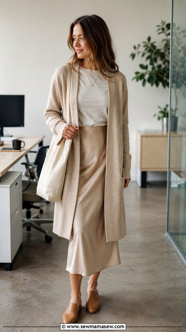 Neutral Cardigan Over Slip Skirt Outfit - 30 modest office outfit ideas