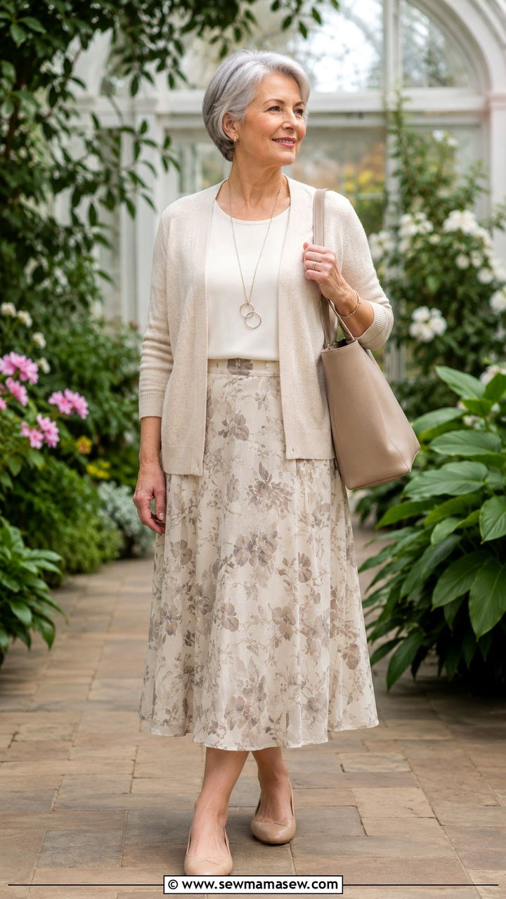 Neutral Cardigan With Printed Midi Skirt Outfit - 25 Midsize outfits for women over 60