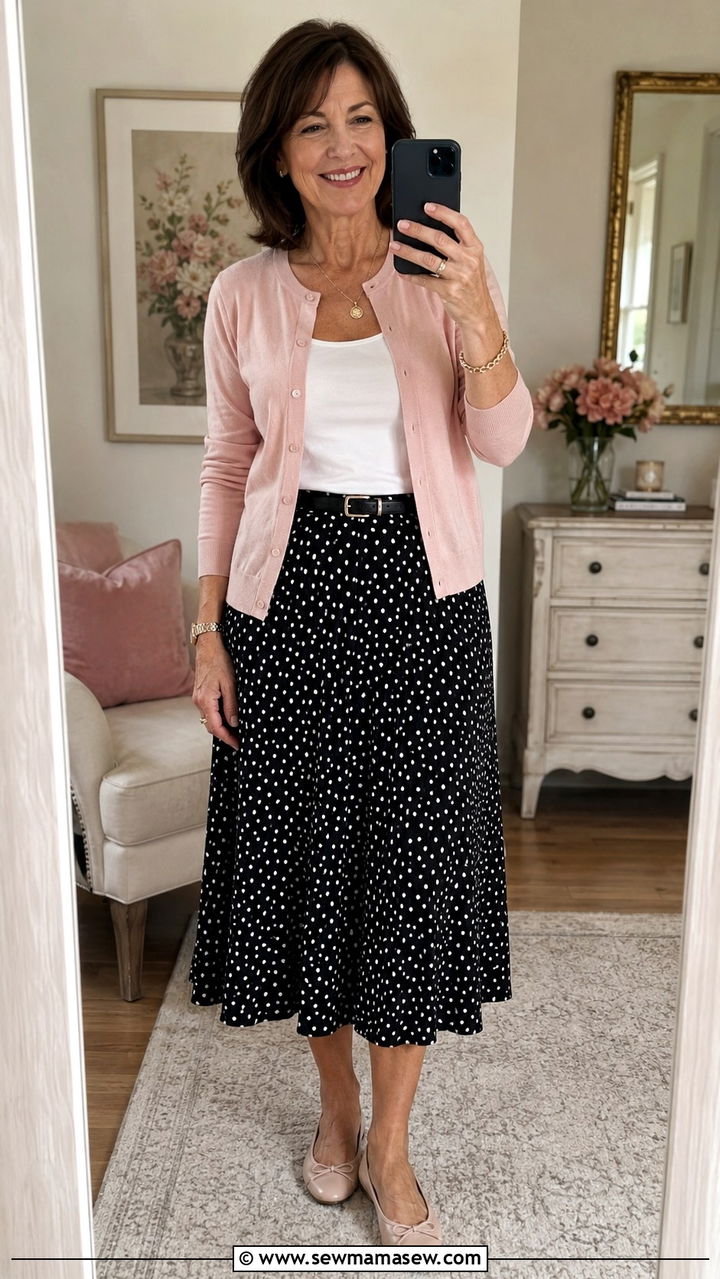 Neutral Cardigan With Printed Midi Skirt - 30 Chic outfits for women over 50